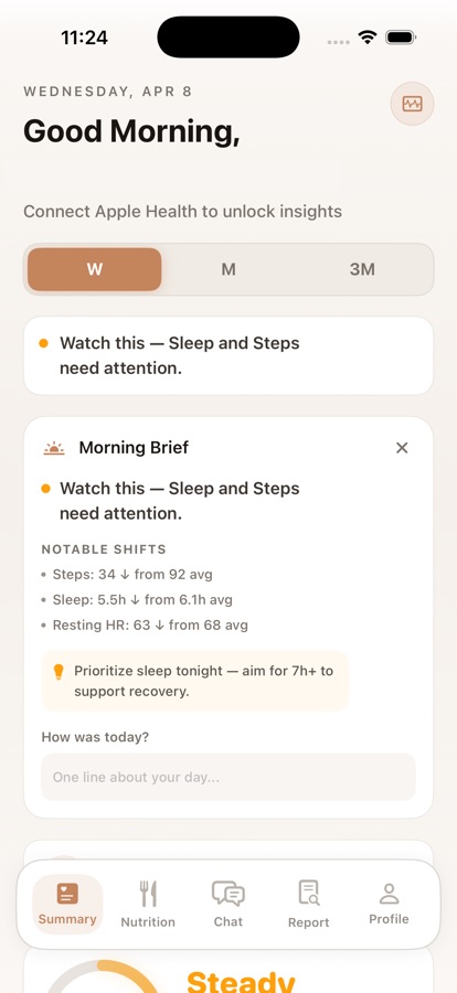 Pulse morning brief showing notable shifts in steps, sleep, and resting heart rate with actionable recommendation