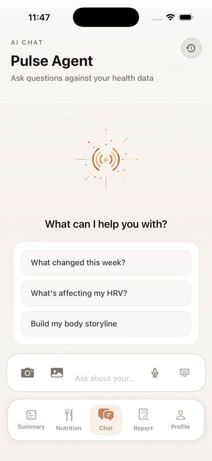 Pulse AI Agent chat interface with suggested health prompts