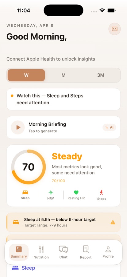 Pulse dashboard showing recovery score, health metrics, and morning briefing