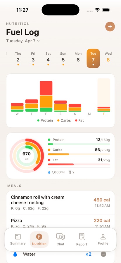 Pulse Fuel Log showing weekly macro chart, protein/carbs/fat breakdown, and daily calorie ring